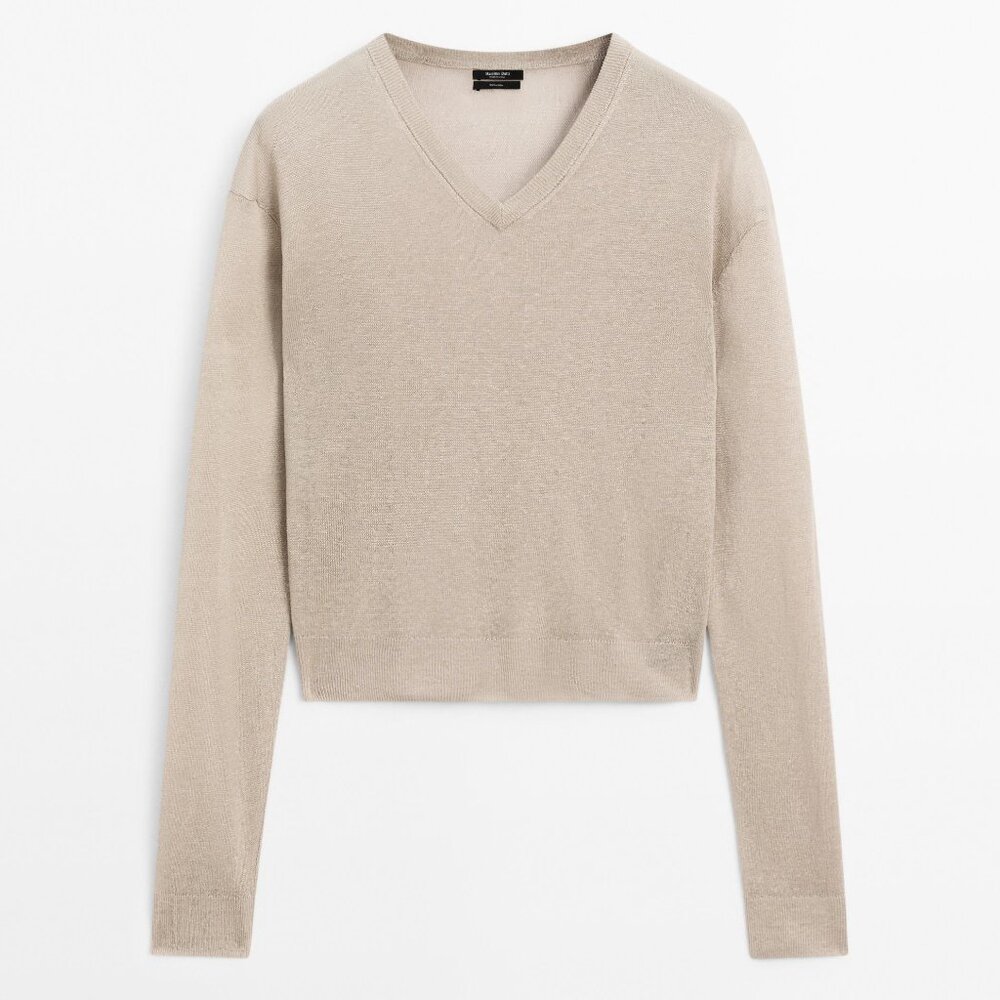 Massimo Dutti Linen V-Neck Sweater Size S in Stone